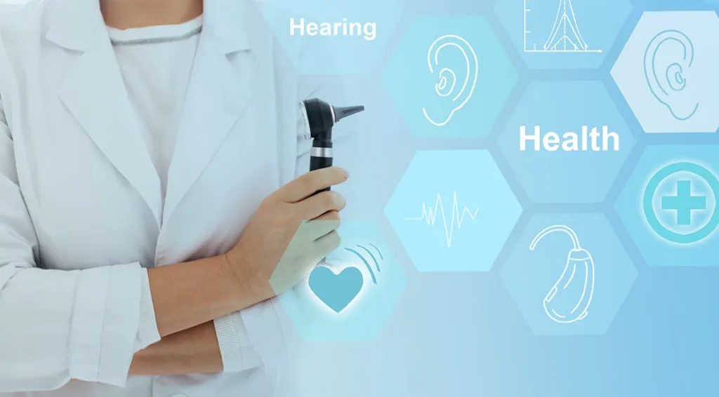 Hearing healthcare specialist with otoscope in hand and ai hearing aids and medical icons in the foreground.